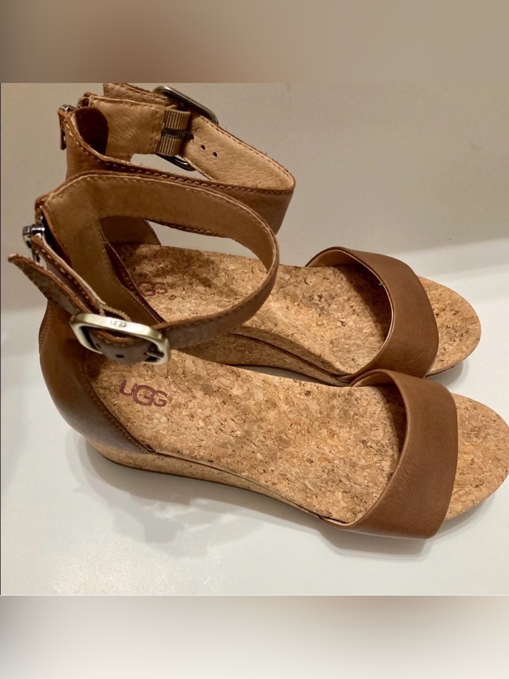 UGG Women's Brown Leather Cork Wedge Sandals Size 10